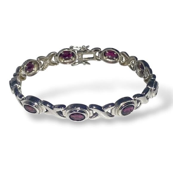 Vintage 925 Sterling Silver Garnet Stone XO Link Bracelet 7" / Fits 6.5" Wrist - Picture 10 of 10